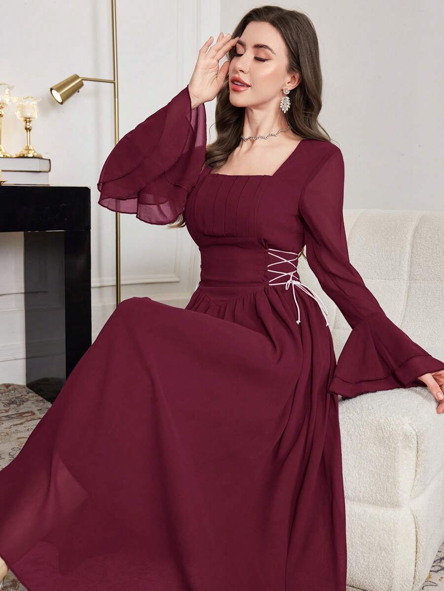 Modelyn Đầm voan dài tay loe buộc eo thanh lịch cho nữ, Xuân/Hè - Màu Đỏ Sâu - Xem 1