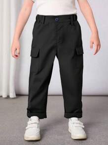 SHEIN Quần Cargo lưng thun co giãn màu trơn thường ngày cho bé trai, quần trẻ em mùa xuân/thu có túi nắp thoải mái mặc hàng ngày, đi biển, đi nghỉ, du lịch, thư giãn, tắm nắng, mùa hè - màu đen - Xem 5