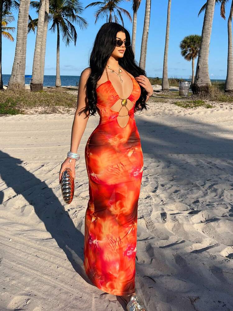 SHEIN SXY Tropical Print Tie-Dye Backless Cutout Form-Fitting Mesh