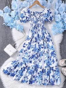 Sparklyn Tween Girls Floral Print Bowknot Short Sleeve Dress - Blue - View 2