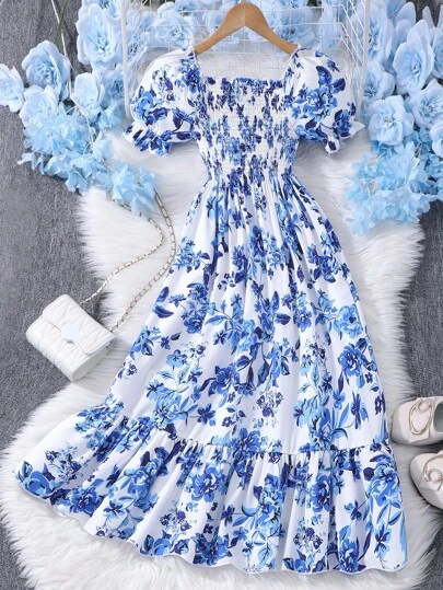 Tween Girls Floral Print Bowknot Short Sleeve Dress