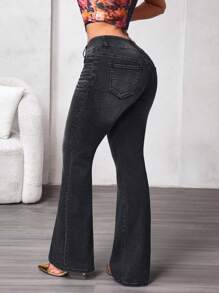 SHEIN SXY Jeans casuales versátiles con volantes y bolsillos para mujeres - Negro - Ver 2