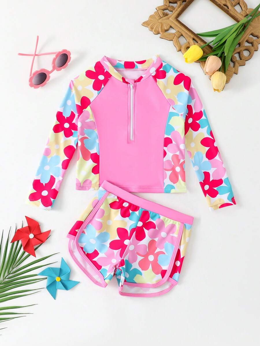 年轻女孩细肩带比基尼套装，印花分体泳衣 - 粉色 - 查看 1