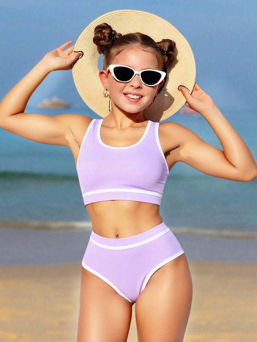 SHEIN Tween Girl Beach Vacation Ruffle Trim Bikini Set - Mauve Purple - View 1
