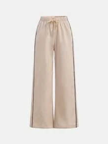 Teen Girls  Contrast Trim Drawstring Waist Wide Leg Casual Cargo Pants - Apricot - View 3