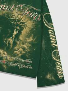 ROMWE MEN Goth Men's Religious Jesus Printed Pullover Hoodie, Suitable For Daily Wear, Spring/Summer - Olive Green - View 4