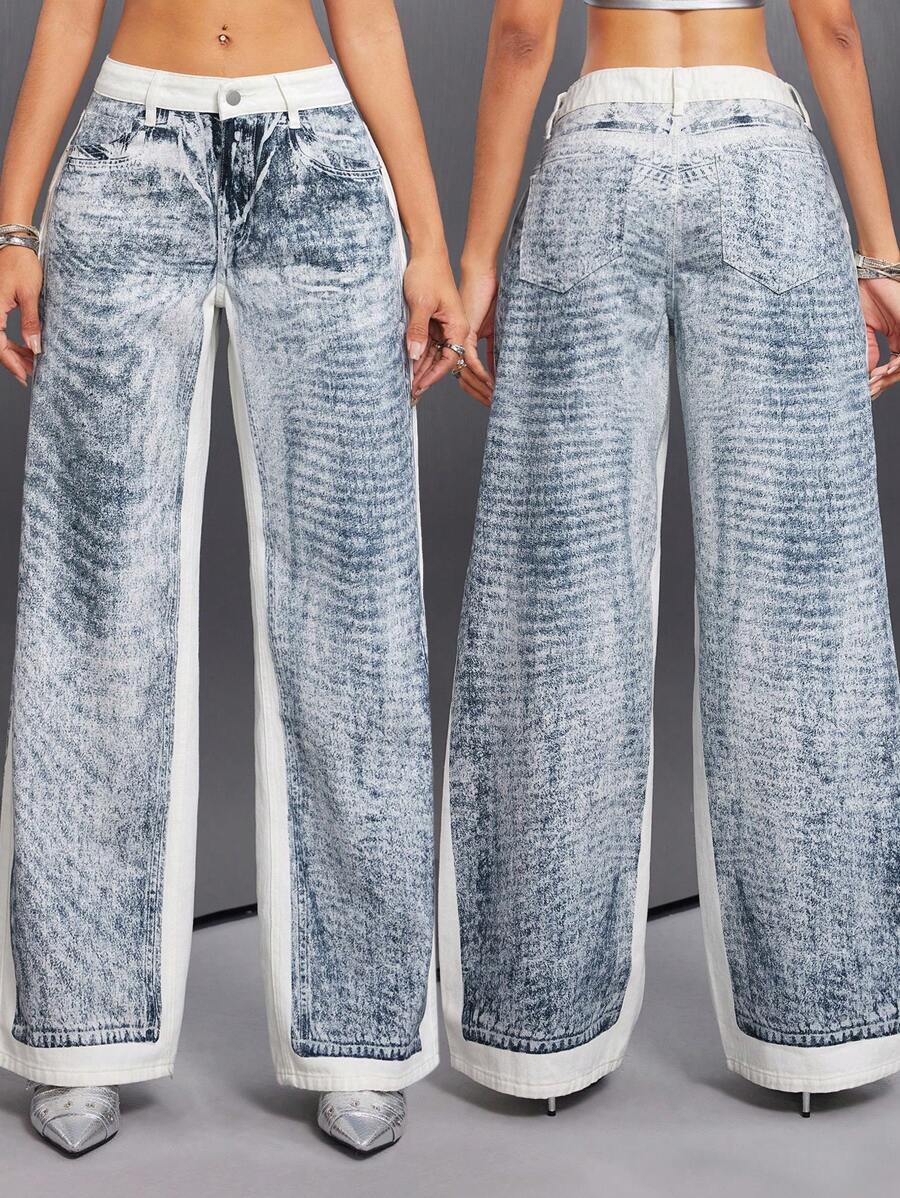 SHEIN ICON 时尚低腰图案印花直筒女式牛仔裤 - 彩色 - 查看 1