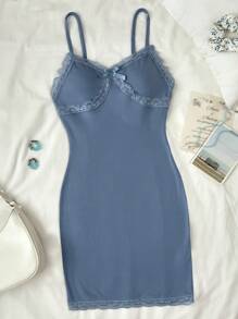 SHEIN Teen Girls Ribbed Knit Spaghetti Strap V-Neck Bowknot Lace Trim Cute Casual Dress, Spring/Summer, Homewear