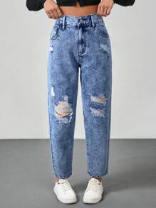 SHEIN Tall 女士紧身破洞蓝色七分牛仔裤 - 卡其色 - 查看 4