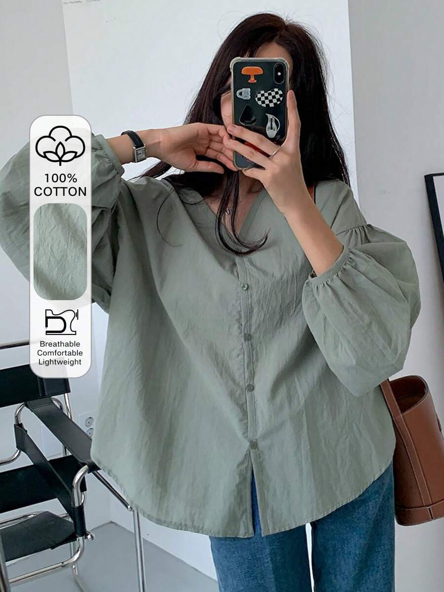DAZY Solid Drop Shoulder Button Through Shirt,Fall Clothes Preppy Tops Long Sleeve Top - Green - View 1