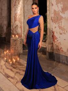 Glamrae Elegant Luxury Rhinestone See-Through Long Sleeve Bodycon Knit Ruched Fish Tail Dress,Wedding Guest Dress For Parties,Vacations,Galas,Formal Events - Royal Blue - View 4