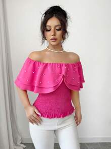 Elenzga Women's Woven Bubble Beads Elegant Summer Regular Shirt - Hot Pink - View 6