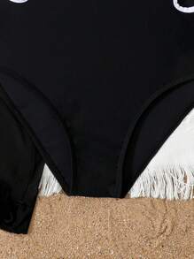 Tween 女童简约时尚休闲连体泳衣，适合日常穿着 - 黑與白 - 查看 6