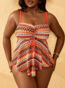 Slaydiva 加大码女式吊带抽绳条纹细肩带分体泳衣收腹两件套泳衣，简约风格，适合夏季海滩度假 - 彩色 - 查看 6