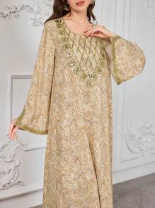 Al Najma 女式套头束腰外衣，佩斯利花纹和金色亮片领，土耳其和阿拉伯传统长裙，朴素的卡夫坦 - 卡其色 - 查看 6