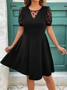 SHEIN Clasi Plus Size Solid Color Polka Dot V-Neck Sheer Puff Sleeve High Waist Dress,Vacation Outfits Woman,Summer Outfits For Women,Business Casual Woman,Going Out Tops Women ,Office Wear Women,Spring Outfits For Women,Festival ,Old Money, Elegant Woman Clothing,Modesty Clothes Women ,Suitable For Everyday Elegant Wear