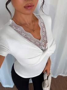 Chiquease Women V-Neck Lace Bodycon Short Sleeve Twist Front Top - White - View 3
