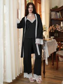 Côtesoire 3件套优雅蕾丝拼接女士睡衣套装，适合假日、秋冬季节穿着 - 黑色 - 查看 5