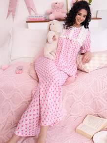 SweetSlumber Conjunto de pijama a rayas con volantes y lazo para mujer