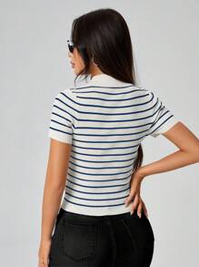 SHEIN PETITE Women's Lapel Preppy Striped Button-Down Sweater - Multicolor - View 2