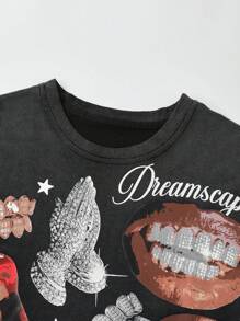 ROMWE MEN Street Life Camiseta de tirantes de ajuste corto para hombre con estampado lavado de labios y dientes - Negro - Ver 5