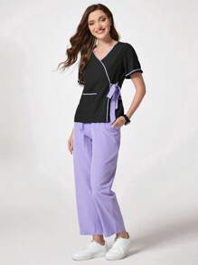 SHEIN TaskFit 对比色饰边系带裹身短袖手术服套装 - 彩色 - 查看 6