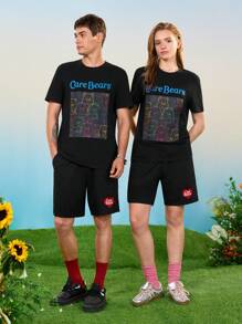 SHEIN X Care Bears 男式中性休闲针织霓虹条纹和熊印花黑色 T 恤和黑色短裤 2 件套 - 黑色 - 查看 3