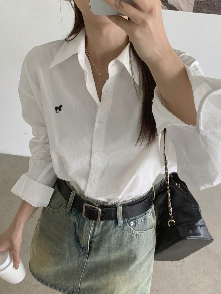 DAZY 女式秋季马图案落肩长袖单排扣休闲宽松衬衫，秋季女装 - 白色 - 查看 1