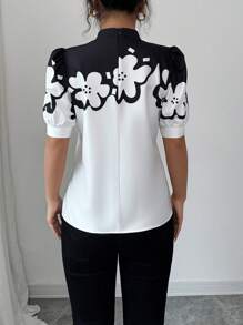 Selianne Elegant Casual Floral Print Stand Collar Short Sleeve Women Shirt, Spring/Summer - Black and White - View 2