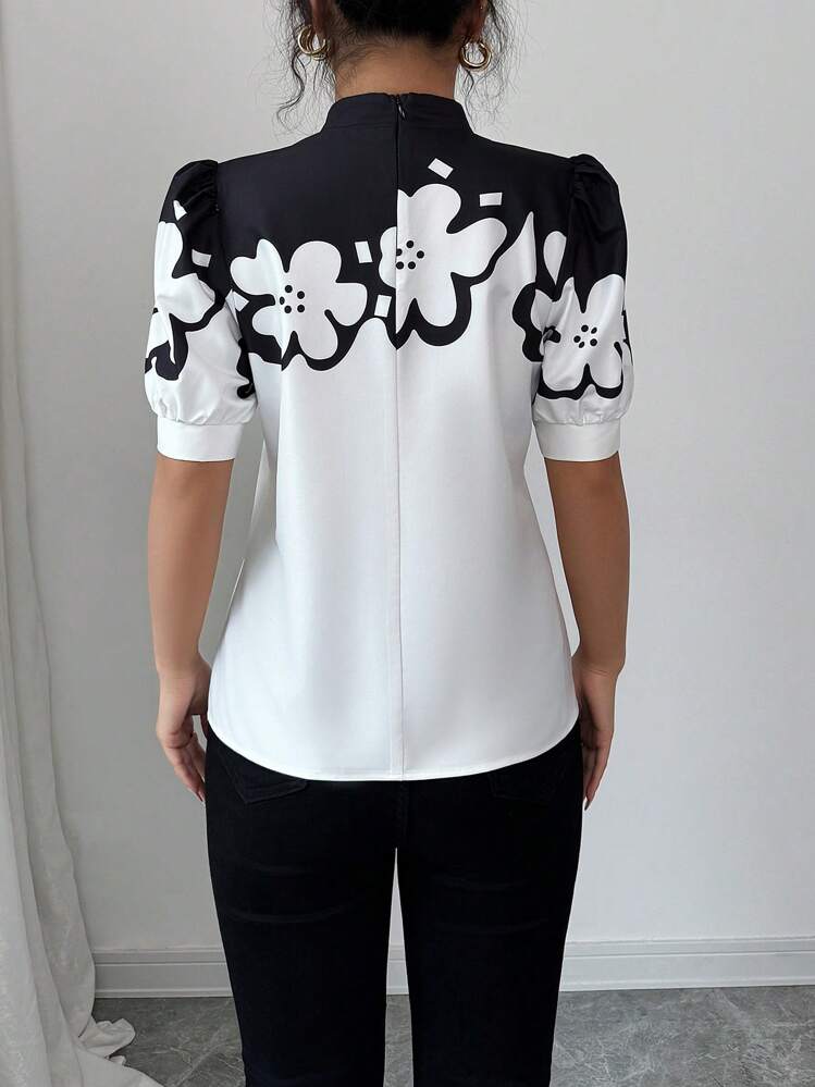 Selianne Elegant Casual Floral Print Stand Collar Short Sleeve Women Shirt, Spring/Summer - Black and White - View 2