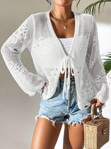 Breezaya Vacation Beach Solid Color Openwork Tie Front Cardigan Sweater Fall Winter Cloth For Women - White - View 3