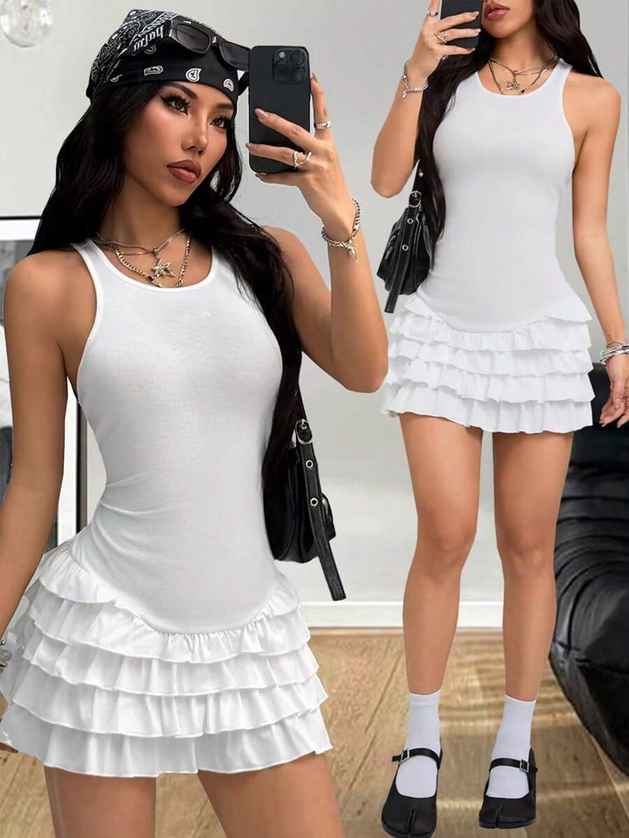 Coolane Women's Spring/Summer Date Night Streetwear Concert Y2K Ruffle Knit Mini Dress - White - View 1