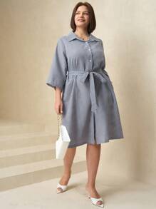 SHEIN Clasi Curve Plus Size Women's Blue And White Check Business Elegant Bow Waist Button Stand Collar 3/4 Sleeve Dress,Dresses For Women Elegant,Old Money Style Women,Modest Dresses For Women,Summer Outfits For Women,Summer Dresses For Women,Vacation Outfits Woman,Vacation Outfits Women,Summer Clothes,Business Casual Woman,Going Out Outfits, - Blue and White - View 3