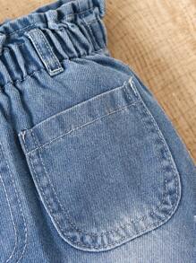 Young Girl Casual Washed Blue Loose Drawstring Waist Denim Shorts With Frayed Hem, Versatile And For Everyday Wear - Medium Wash - View 4