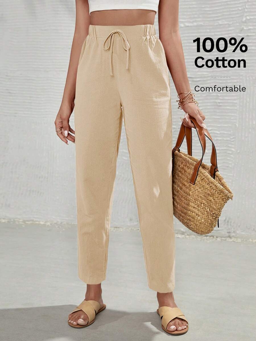 SHEIN Frenchy 素色前打結長褲 - 卡其色 - 查看 1