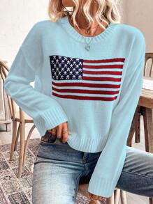 SHEIN LUNE Casual US Flag Pattern Drop Shoulder Sweater, Autumn/Winter Knit Pullover Fall - Blue - View 3