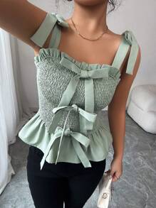 Elenzga Women's Summer Casual Pleated Bow Strap Sleeveless Camisole Top - Green - View 5