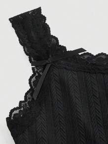 SHEIN MOD 黑色蕾丝边提花纹理蝴蝶结装饰吊带背心