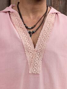 Genlund Manfinity Nomadique Men's Solid Color Pink Contrast Lace Sleeveless Hooded Shirt - Pink - View 7