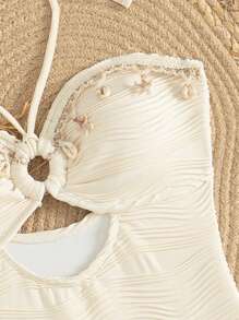 Swim Mod New Textured Wave Print Shell Rope Tie Halter One-Piece Swimsuit For Women, Beach Summer Outfits - Beige - View 6