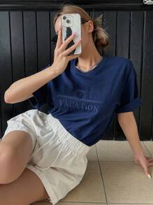 DAZY Camiseta Con Bordado De Letras Y Hombros Caídos - Azul Marino - Ver 3