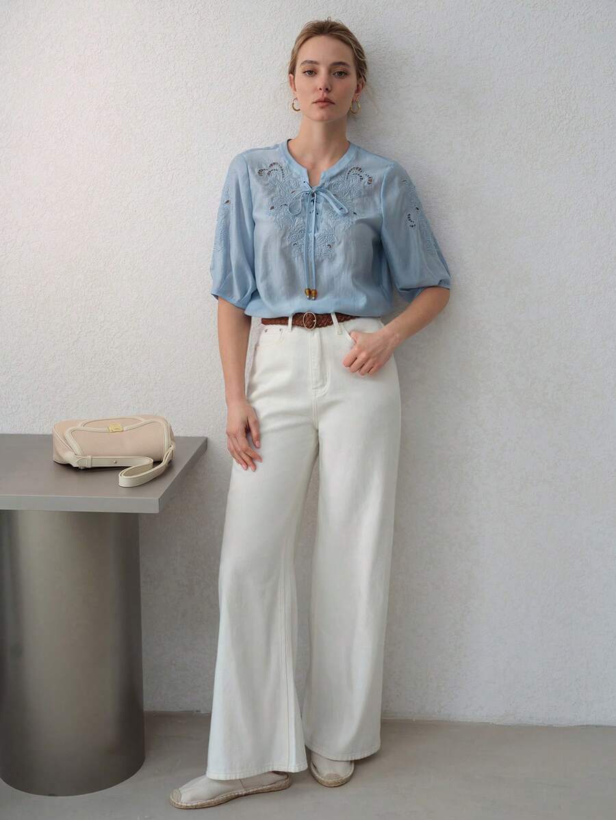 MOTF PREMIUM TIE NECK APPLIQUES BLOUSE