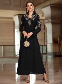Layrah Women's Elegant Long Sleeve V-Neck Rhinestone Decorated Arabic Style Long Dress - Black - View 7