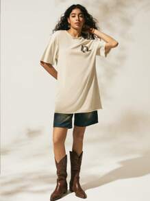 Easelle Áo thun họa tiết bốt cao bồi cổ điển màu mơ đậm phong cách miền Tây dành cho nữ mới 2025, thích hợp cho các lễ hội âm nhạc mùa hè - Màu be - Xem 6