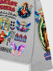 ROMWE MEN Goth 男士街头涂鸦印花套头连帽衫，适合春夏季日常穿着 - 淺灰色 - 查看 4