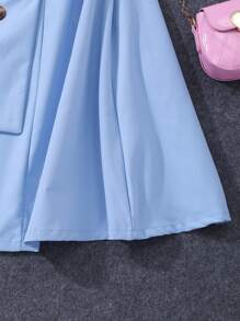 Teen Girl Solid Color Patchwork Short Sleeve Polo Collar Dress - Blue - View 6