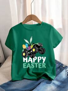 Young Boy Easter Car & Egg Print Short Sleeve T-Shirt, For Gift - Green - View 3