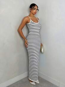 Glamine Mid-Length Black & White Stripe Camisole Knit Dress, Elegant & Charming, Spring/Summer Bodycon Dresses For Women Women Elegant Dresses Woman Dress - Black and White - View 3