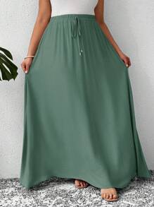 SHEIN LUNE 大码纯色休闲半身裙 - 綠色 - 查看 4