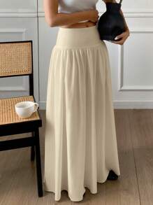 Serisse 女士长款纯色高腰百褶休闲裙 - 杏色 - 查看 5